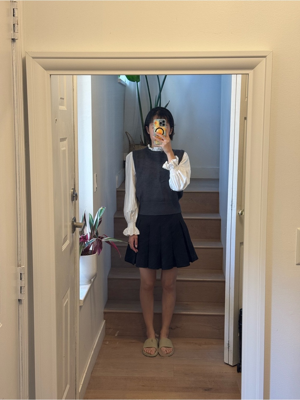 Grey Sweater Vest and Black Pleated Skirt Set